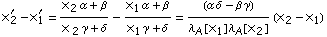 x _ 2^' - x _ 1^' = (x _ 2 α + β)/(x  _ 2 γ + δ) - (x _ 1 α + β)/(x _ 1 γ + δ) = (α δ - β γ)/(λ _ A[x _ 1] λ _ A[x _ 2]) (x _ 2 - x _ 1)