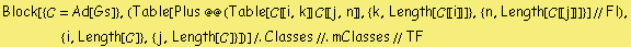 Block[{�r = Ad[Gs]}, (Table[Plus @@ (Table[�r [[ i, k ]] �r [[ j, n ]], {k, Length[�r [[ i ]]]}, {n, Length[�r [[ j ]]]}] // Fl), {i, Length[�r]}, {j, Length[�r]}])] /. Classes //. mClasses // TF