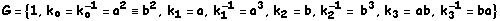 G = {1, k _ o = k _ o^(-1) = a^2 ≡ b^2, k _ 1 = a, k _ 1^(-1) = a^3, k _ 2 = b, k _ 2^(-1) = b^3, k _ 3 = ab, k _ 3^(-1) = ba}